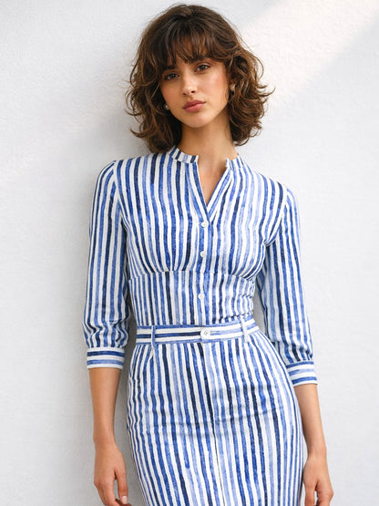 Blue Linen Striped V Neck Front Button Top
