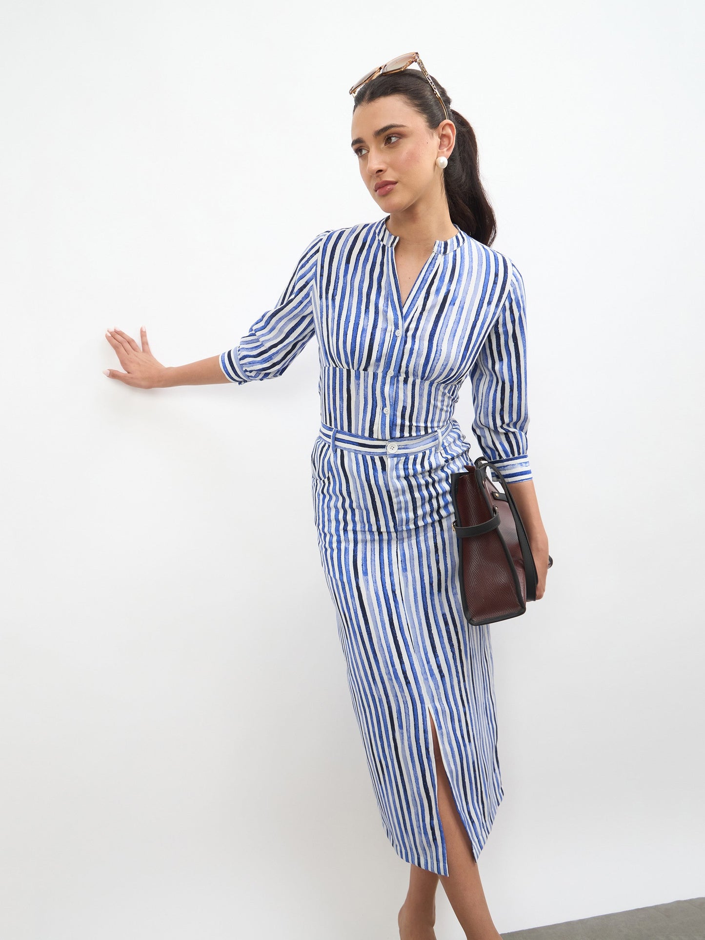 Blue Linen Striped V Neck Front Button Top