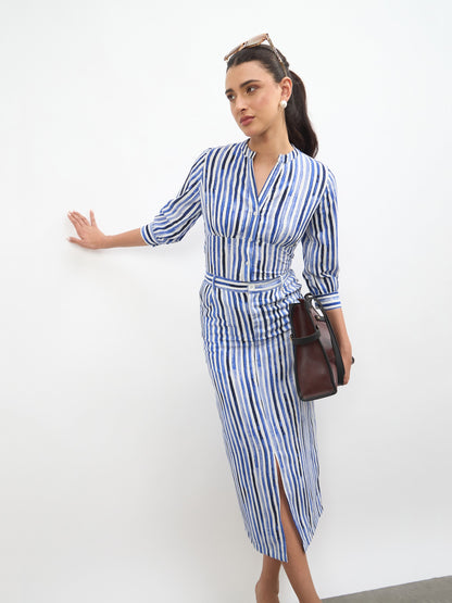 Blue Linen Striped V Neck Front Button Top