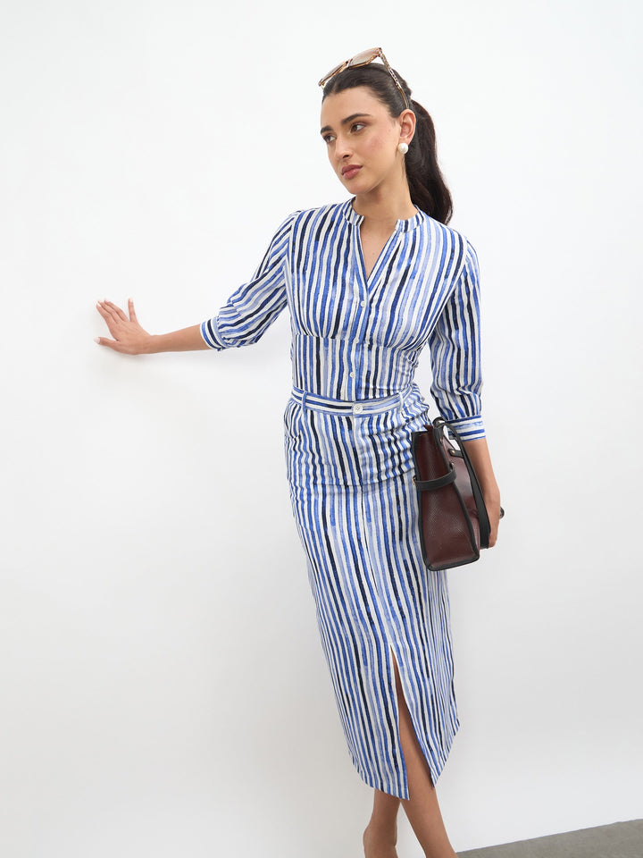 Blue Linen Striped V Neck Front Button Top
