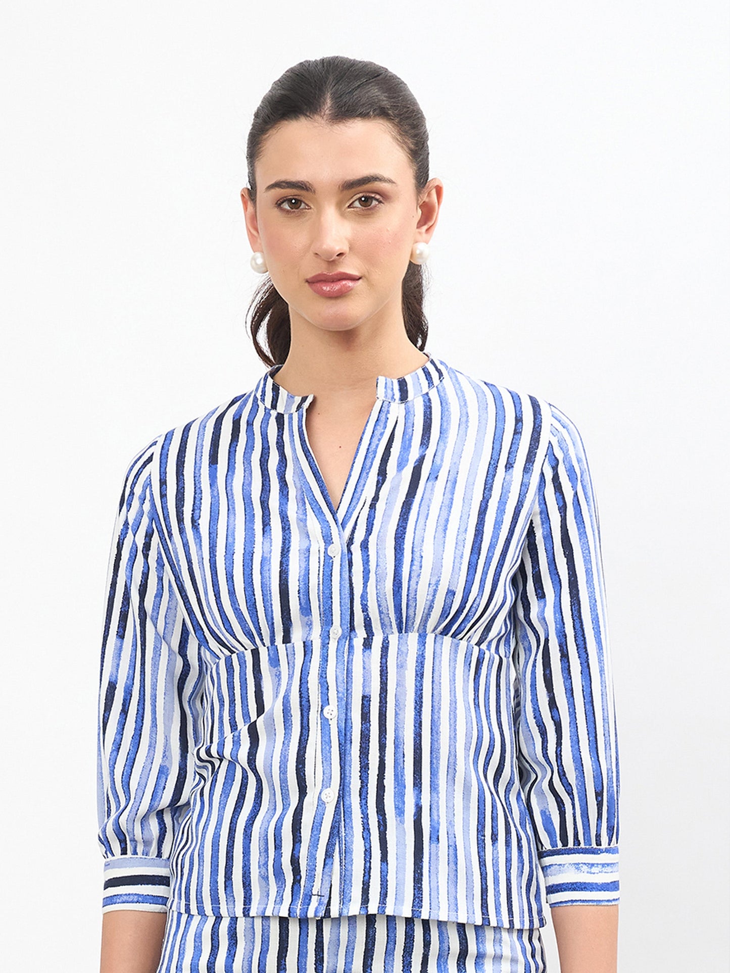 Blue Linen Striped V Neck Front Button Top