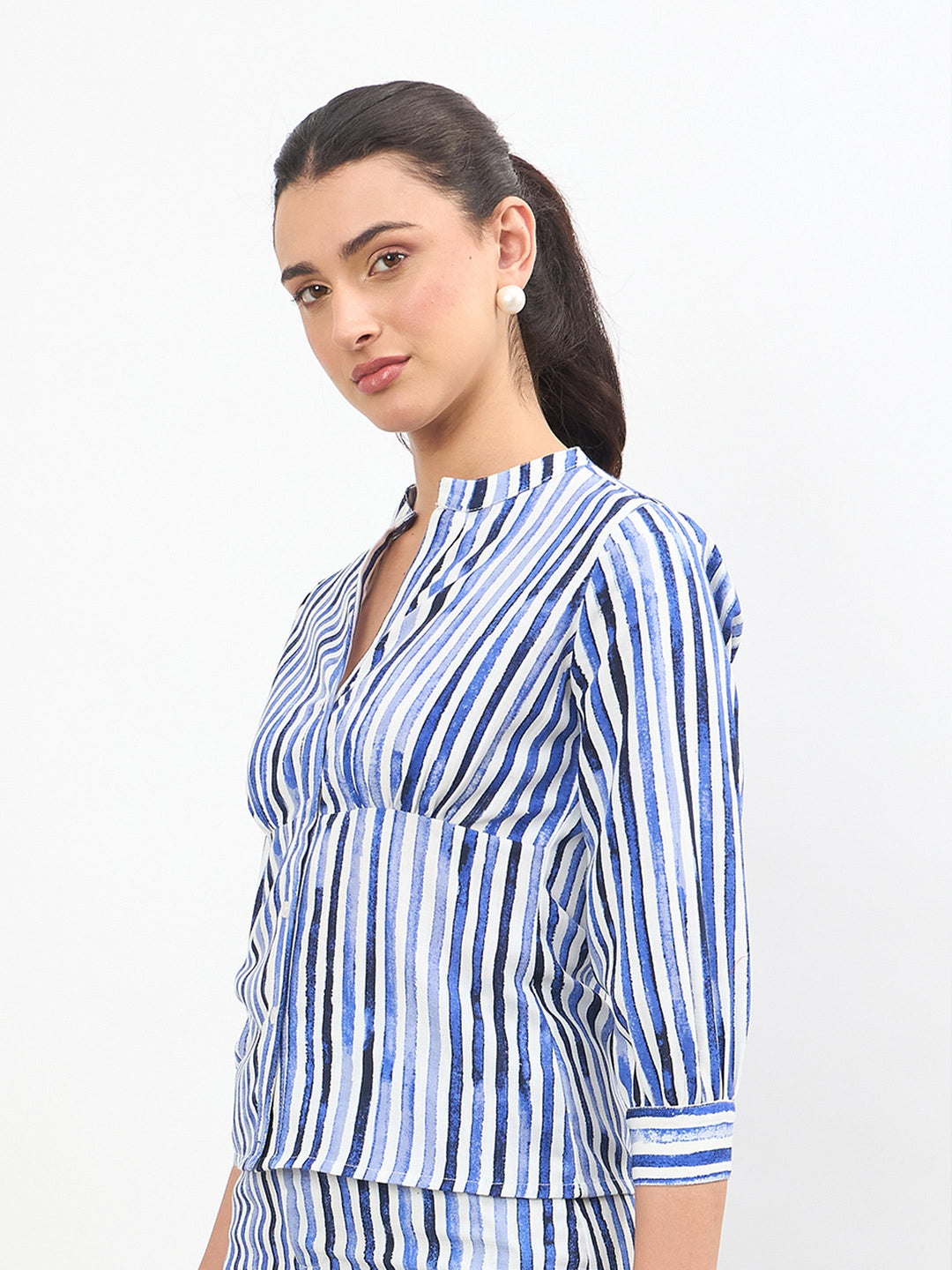 Blue Linen Striped V Neck Front Button Top