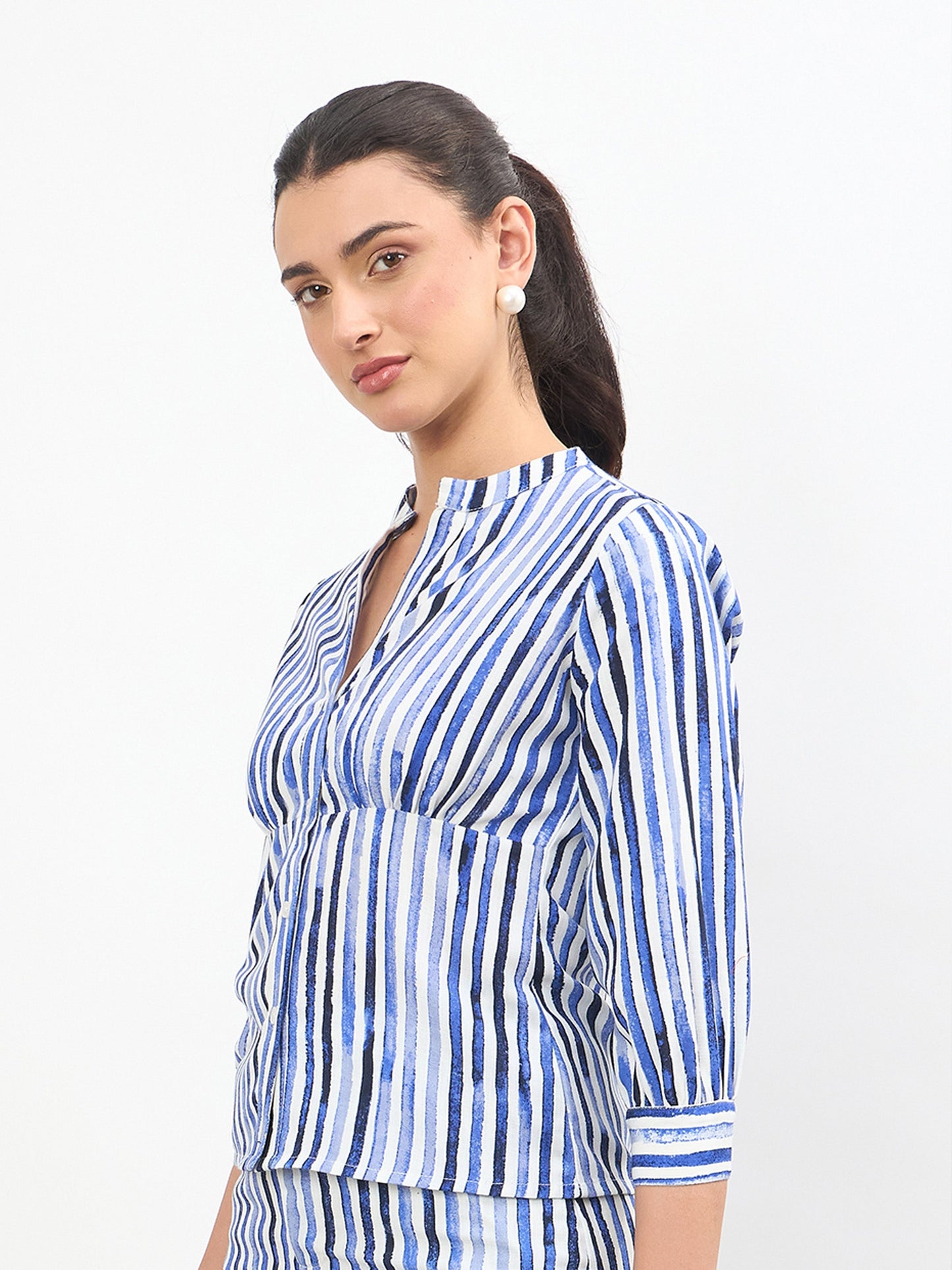 Blue Linen Striped V Neck Front Button Top