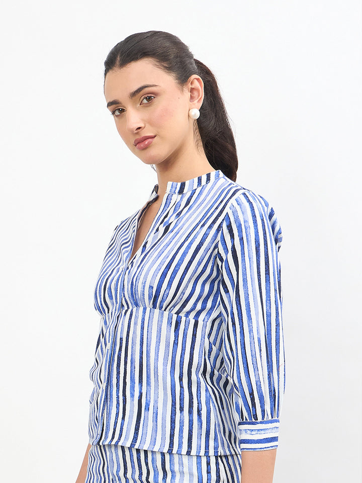 Blue Linen Striped V Neck Front Button Top
