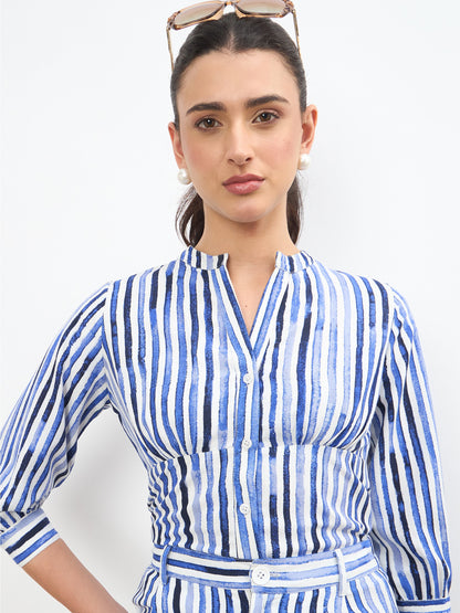 Blue Linen Striped V Neck Front Button Top