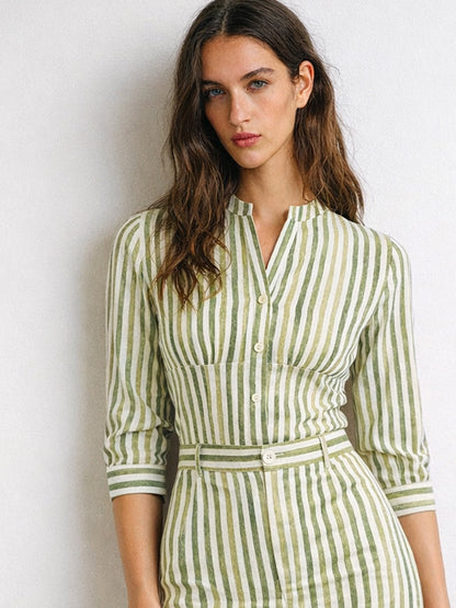 Green Linen Striped V Neck Front Button Top