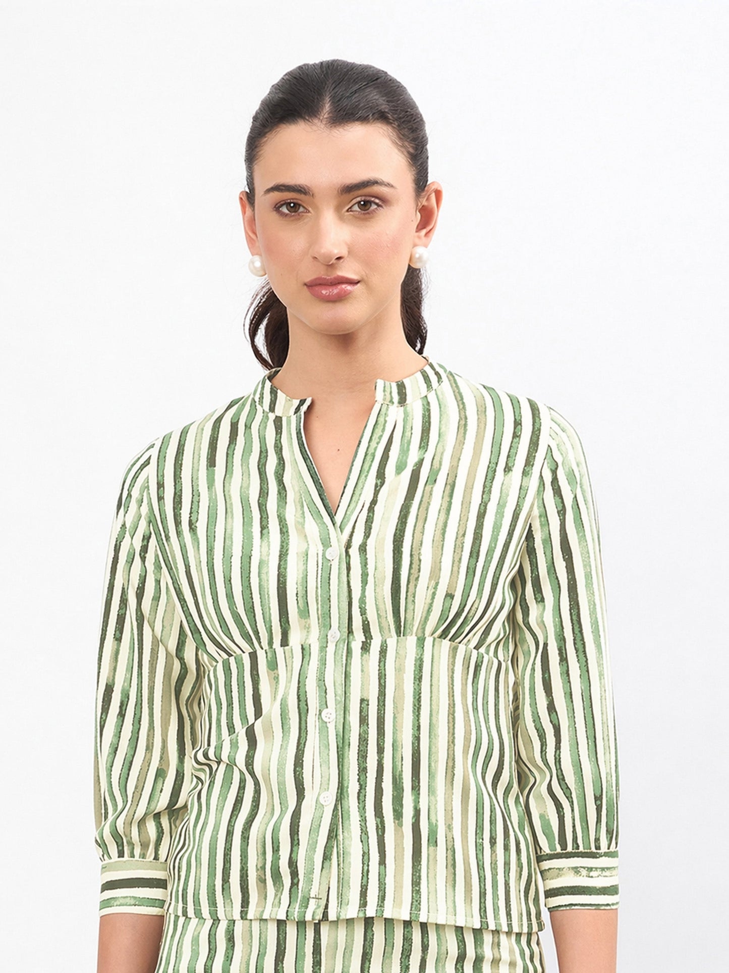 Green Linen Striped V Neck Front Button Top