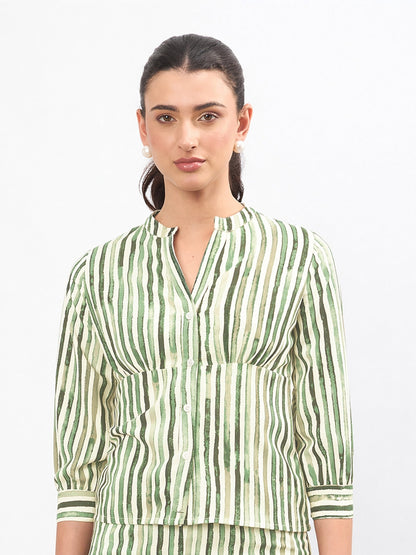 Green Linen Striped V Neck Front Button Top