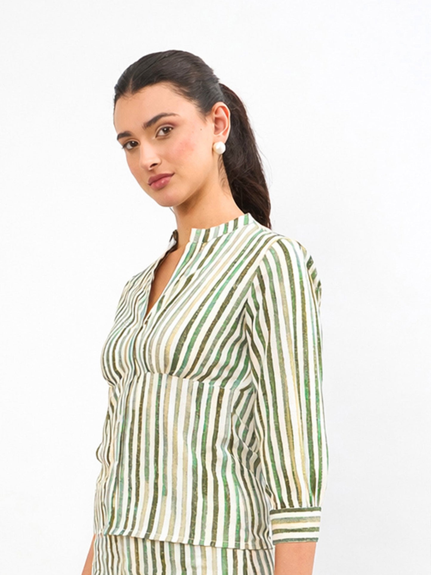 Green Linen Striped V Neck Front Button Top