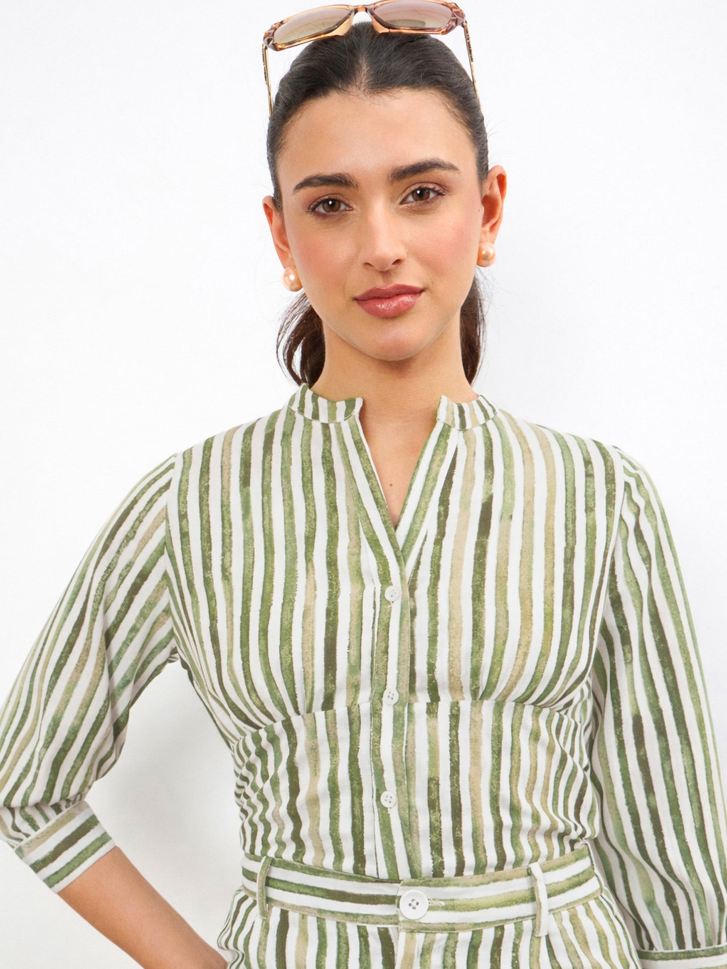 Green Linen Striped V Neck Front Button Top