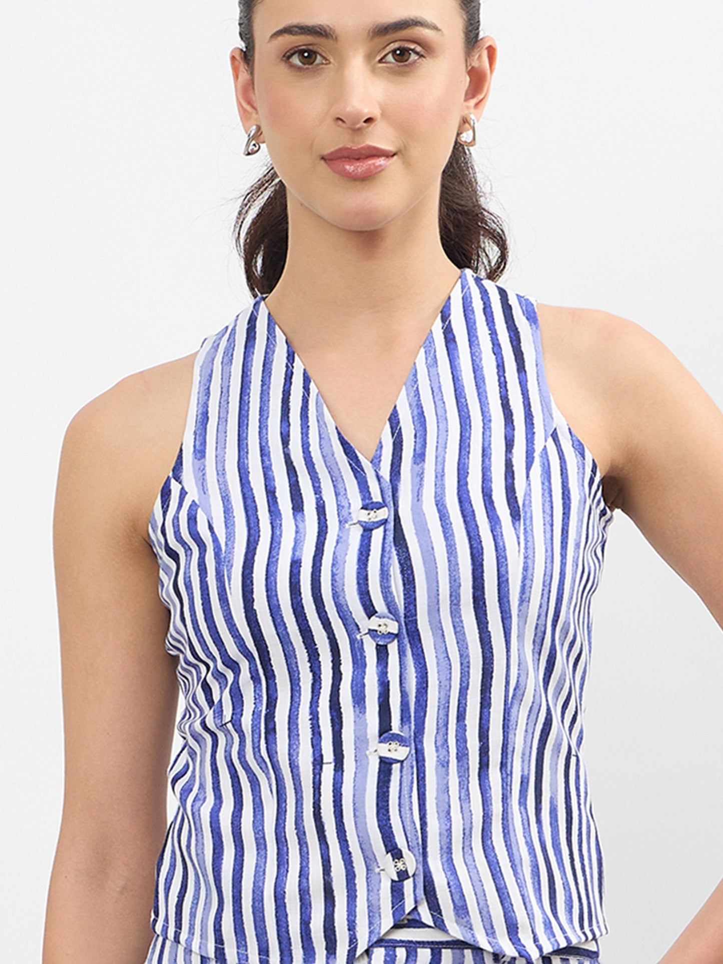 Blue Linen Striped V Neck Front Button Vest Top