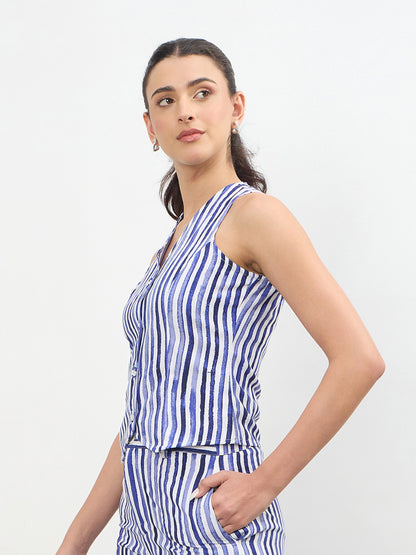 Blue Linen Striped V Neck Front Button Vest Top