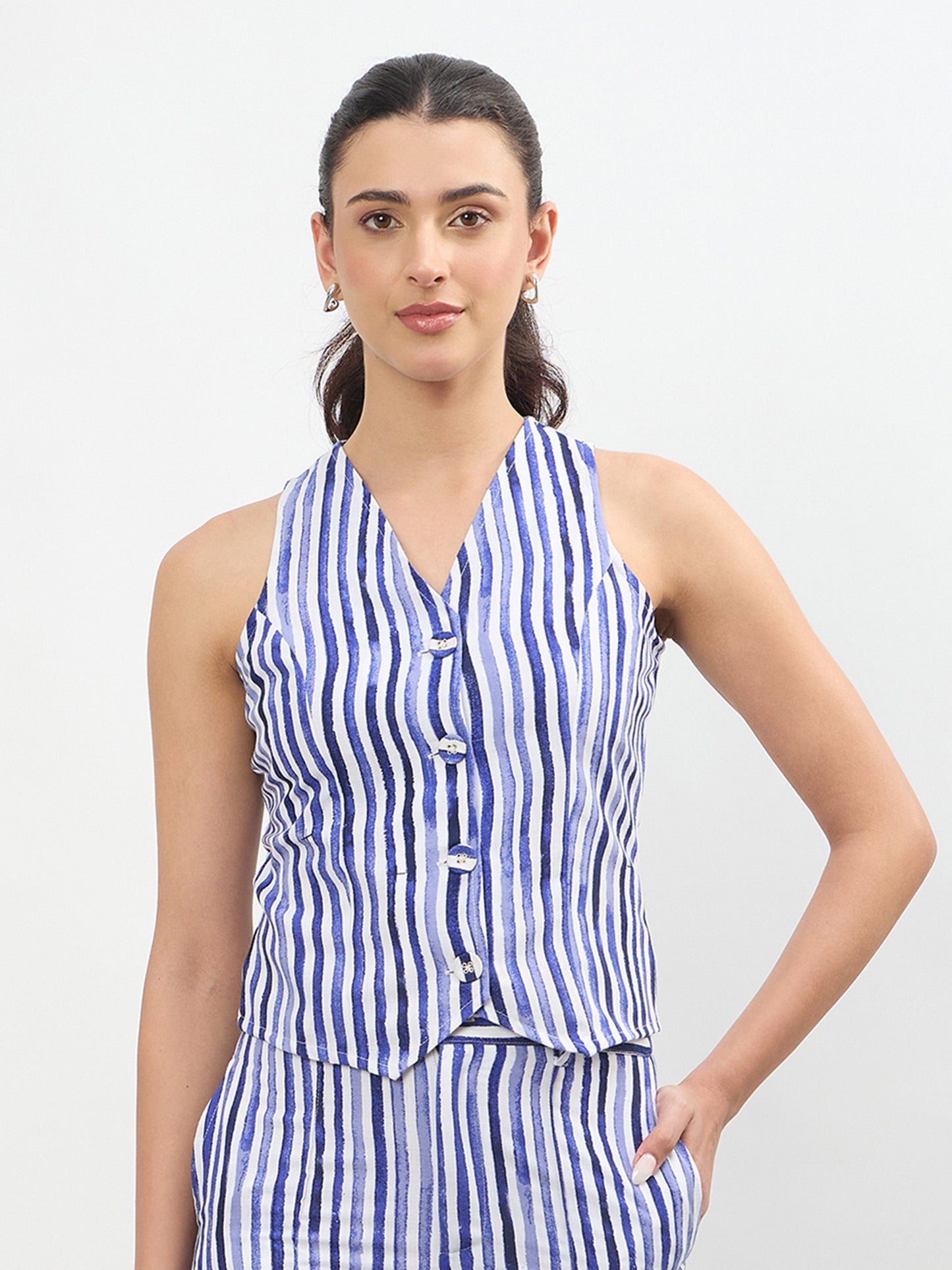 Blue Linen Striped V Neck Front Button Vest Top