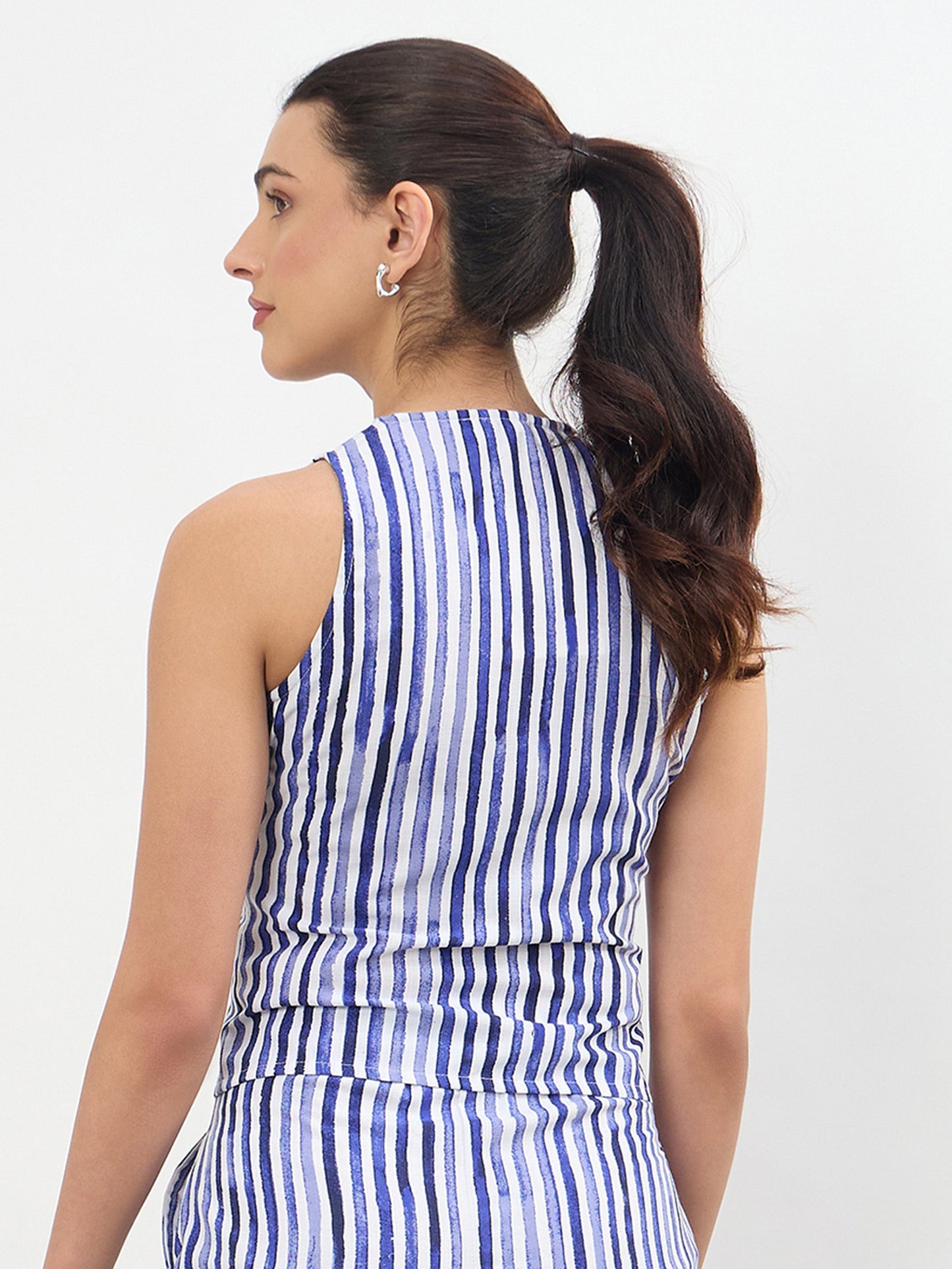 Blue Linen Striped V Neck Front Button Vest Top