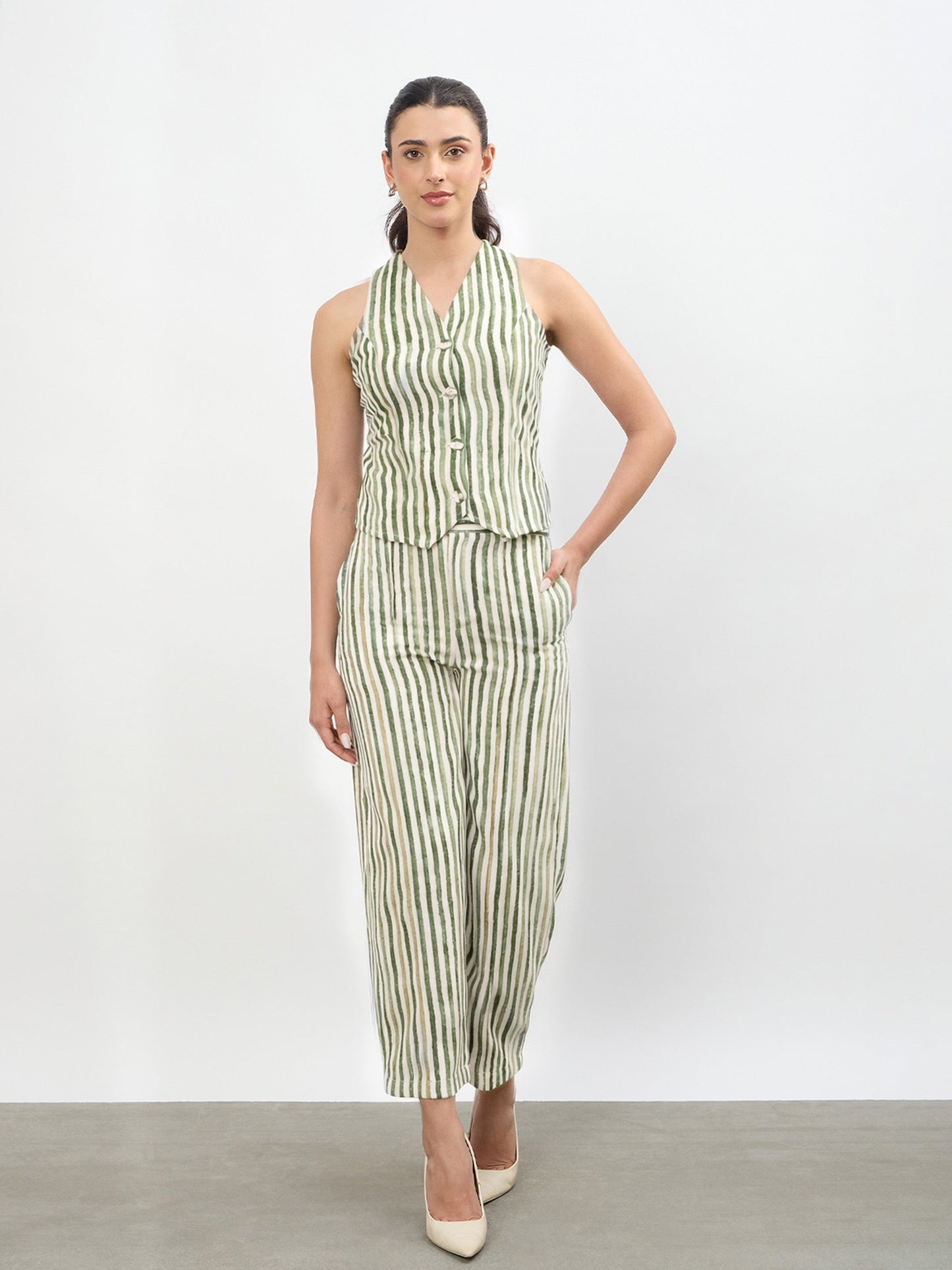 Green Linen Striped V Neck Front Button Vest Top