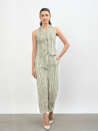 Green Linen Striped V Neck Front Button Vest Top