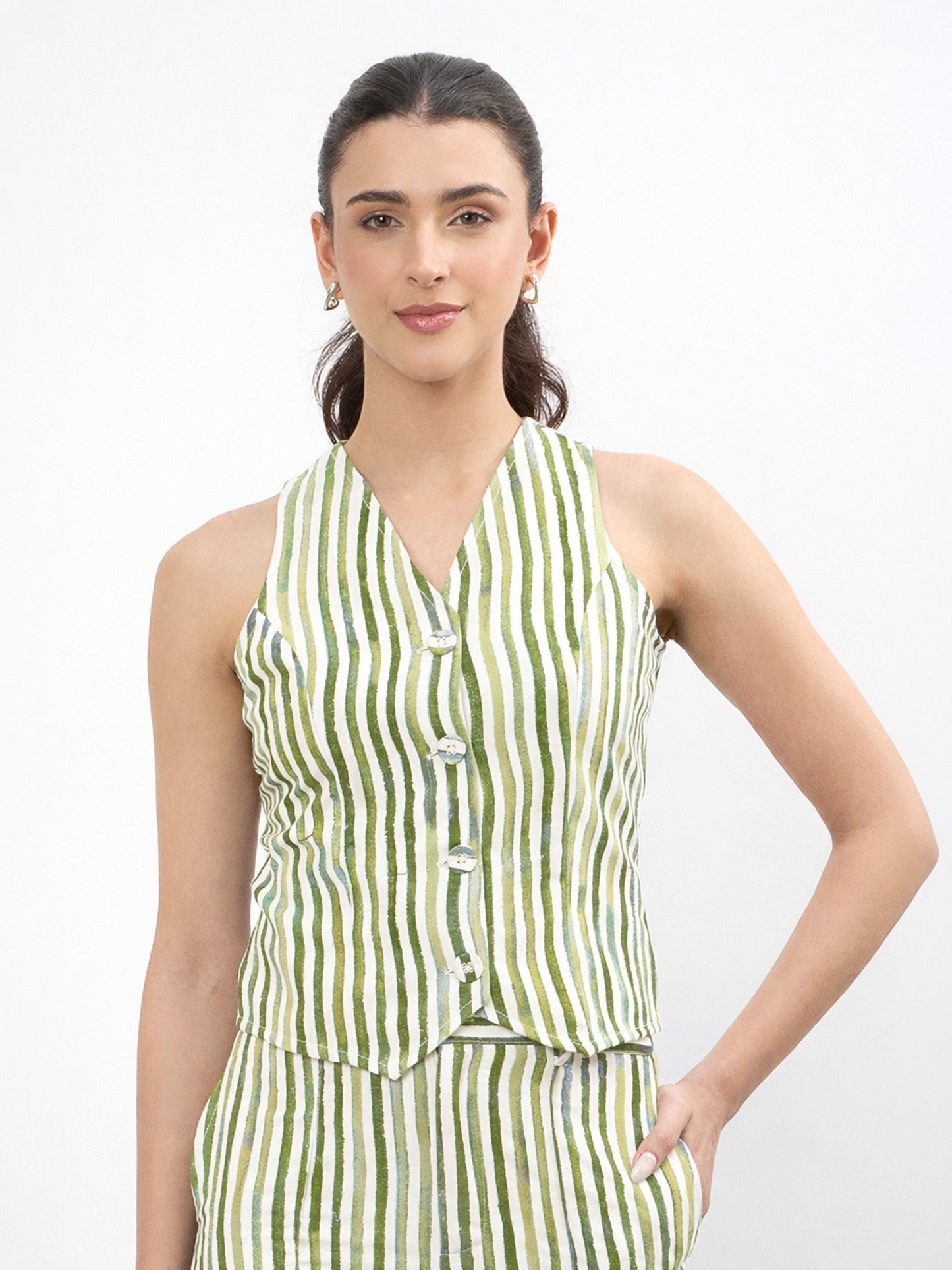 Green Linen Striped V Neck Front Button Vest Top