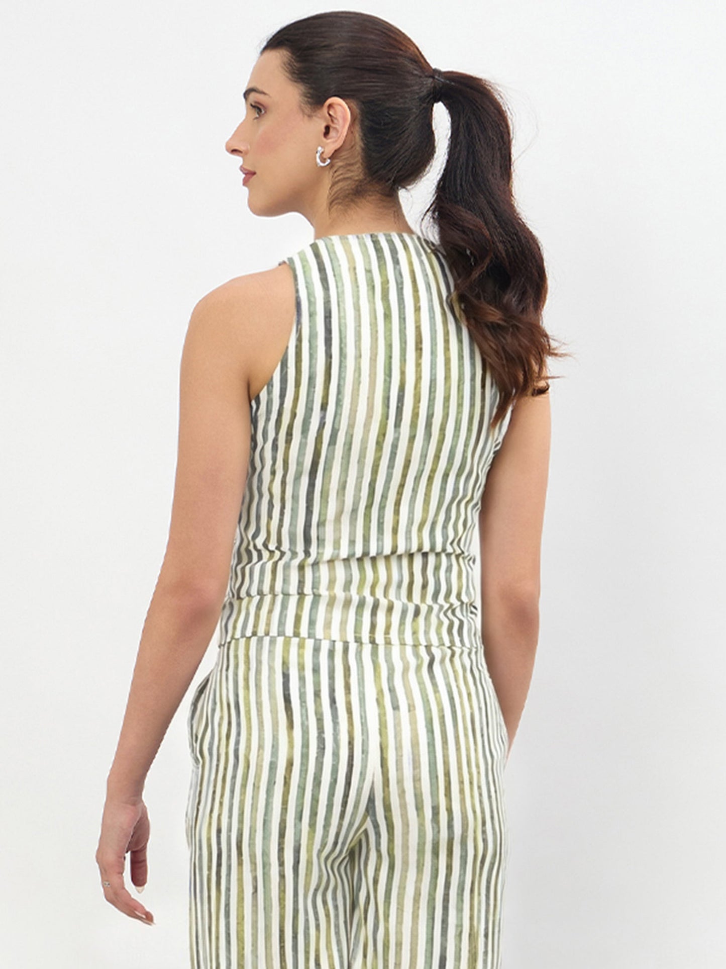 Green Linen Striped V Neck Front Button Vest Top