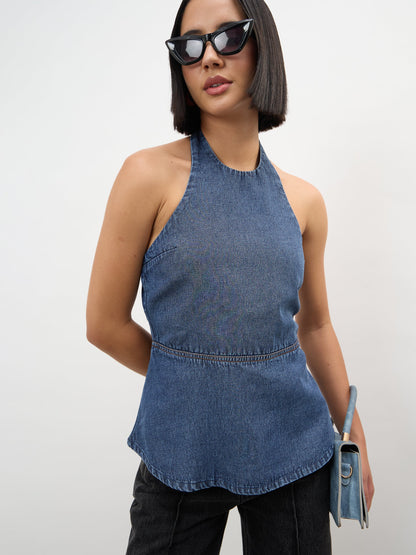 Blue Blast Tencel Halter Neck Peplum Top