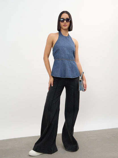 Blue Blast Tencel Halter Neck Peplum Top