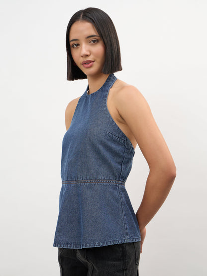 Blue Blast Tencel Halter Neck Peplum Top