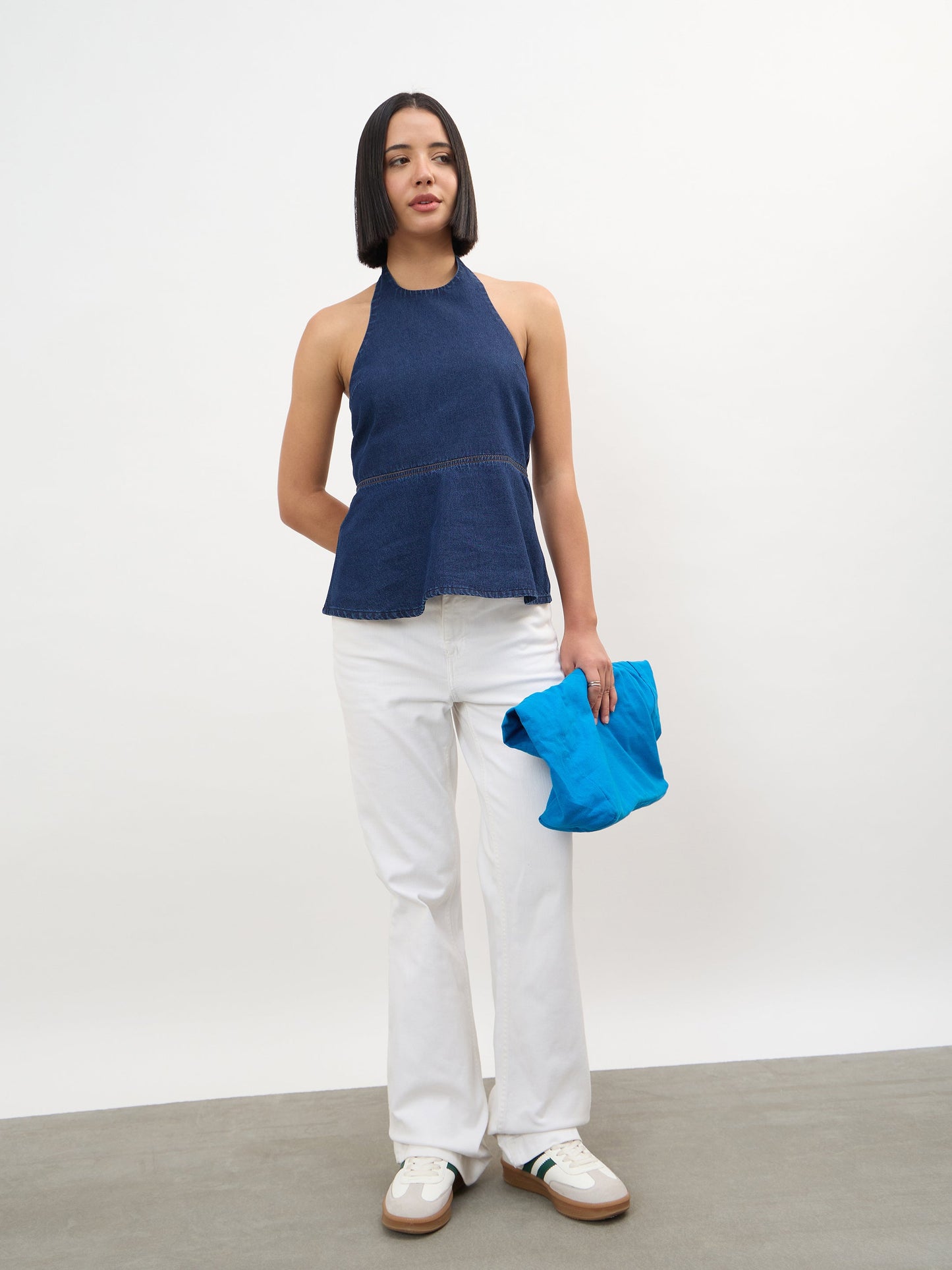 Navy Tencel Halter Neck Peplum Top