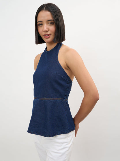 Navy Tencel Halter Neck Peplum Top