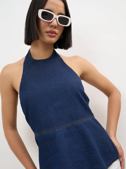 Navy Tencel Halter Neck Peplum Top