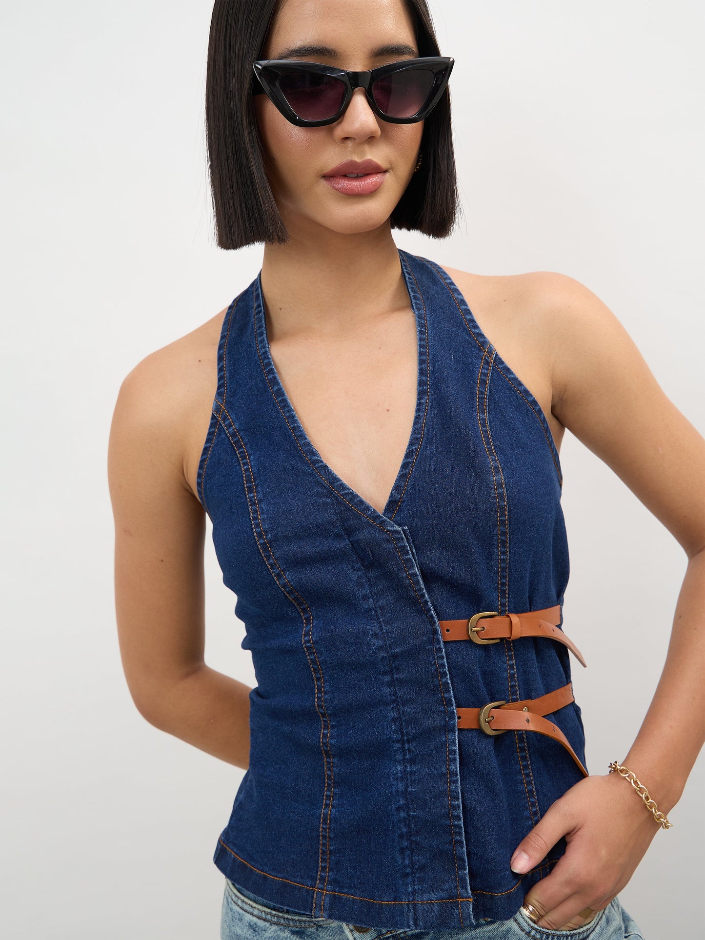Navy Denim Halter Neck Top