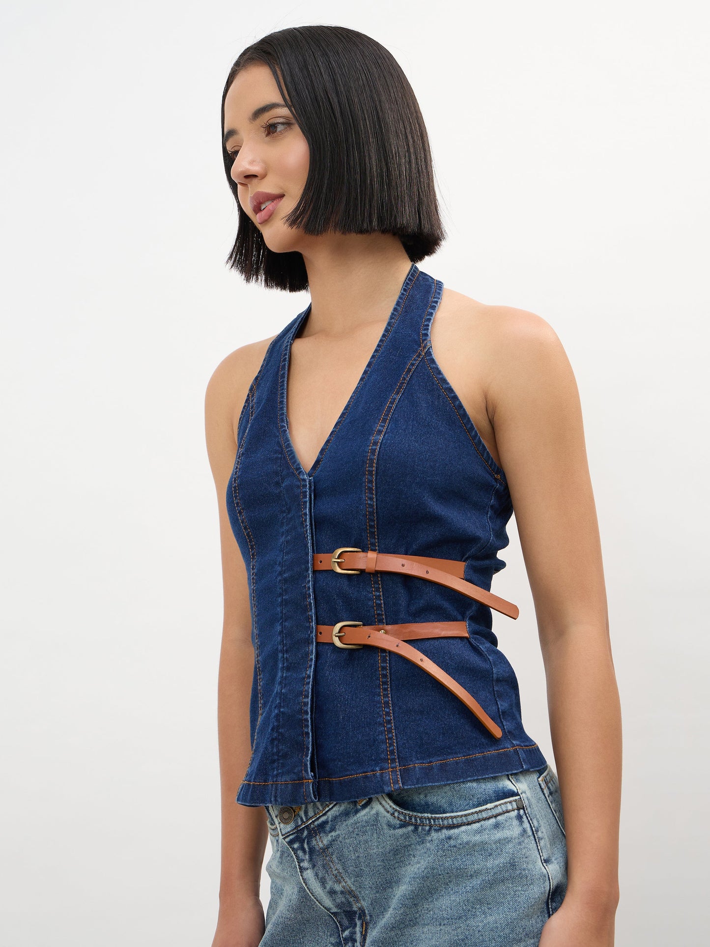 Navy Denim Halter Neck Top