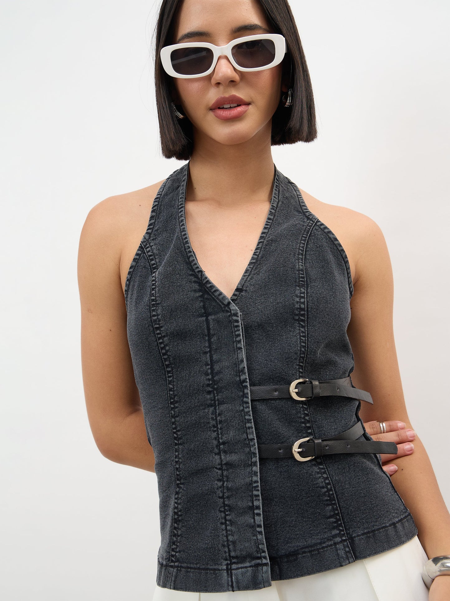 Black Wash Denim Halter Neck Top
