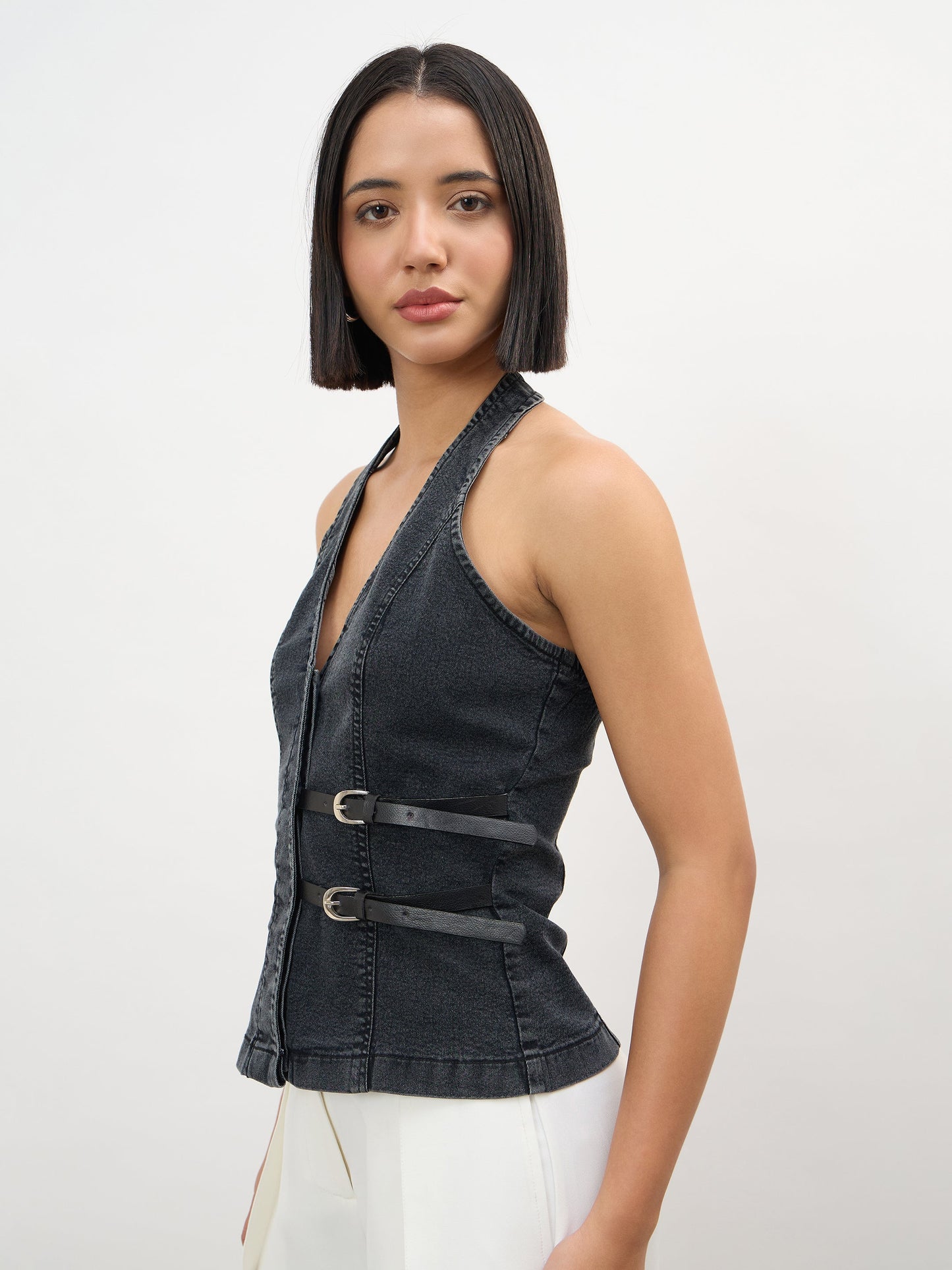 Black Wash Denim Halter Neck Top
