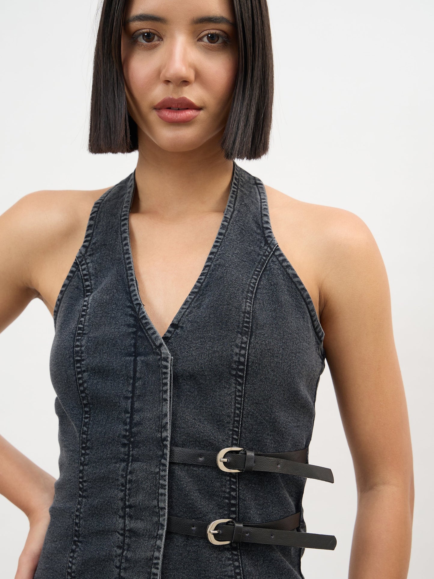 Black Wash Denim Halter Neck Top