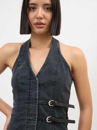Black Wash Denim Halter Neck Top