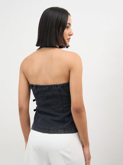 Black Wash Denim Halter Neck Top