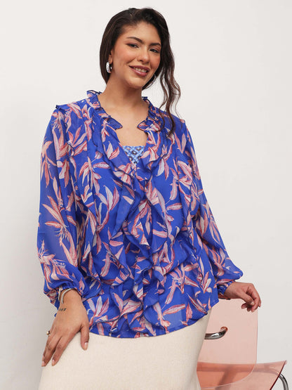 Blue Leaf Print Front Frill Top