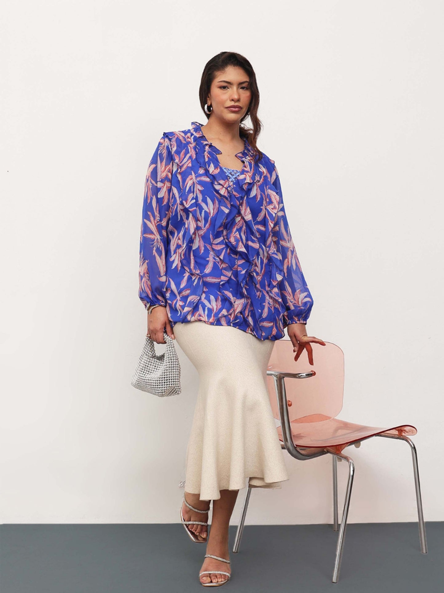 Blue Leaf Print Front Frill Top