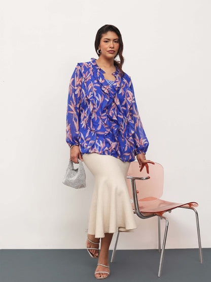 Blue Leaf Print Front Frill Top