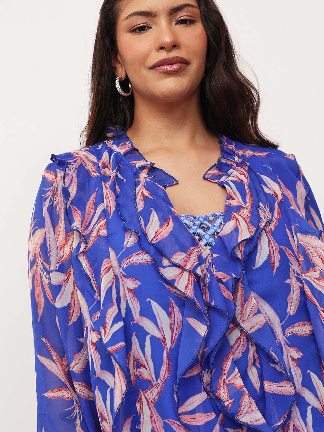 Blue Leaf Print Front Frill Top
