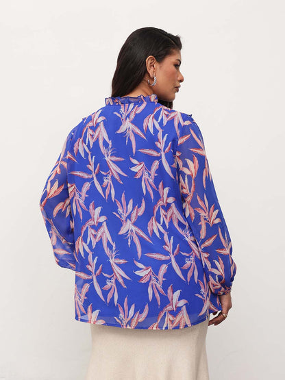 Blue Leaf Print Front Frill Top