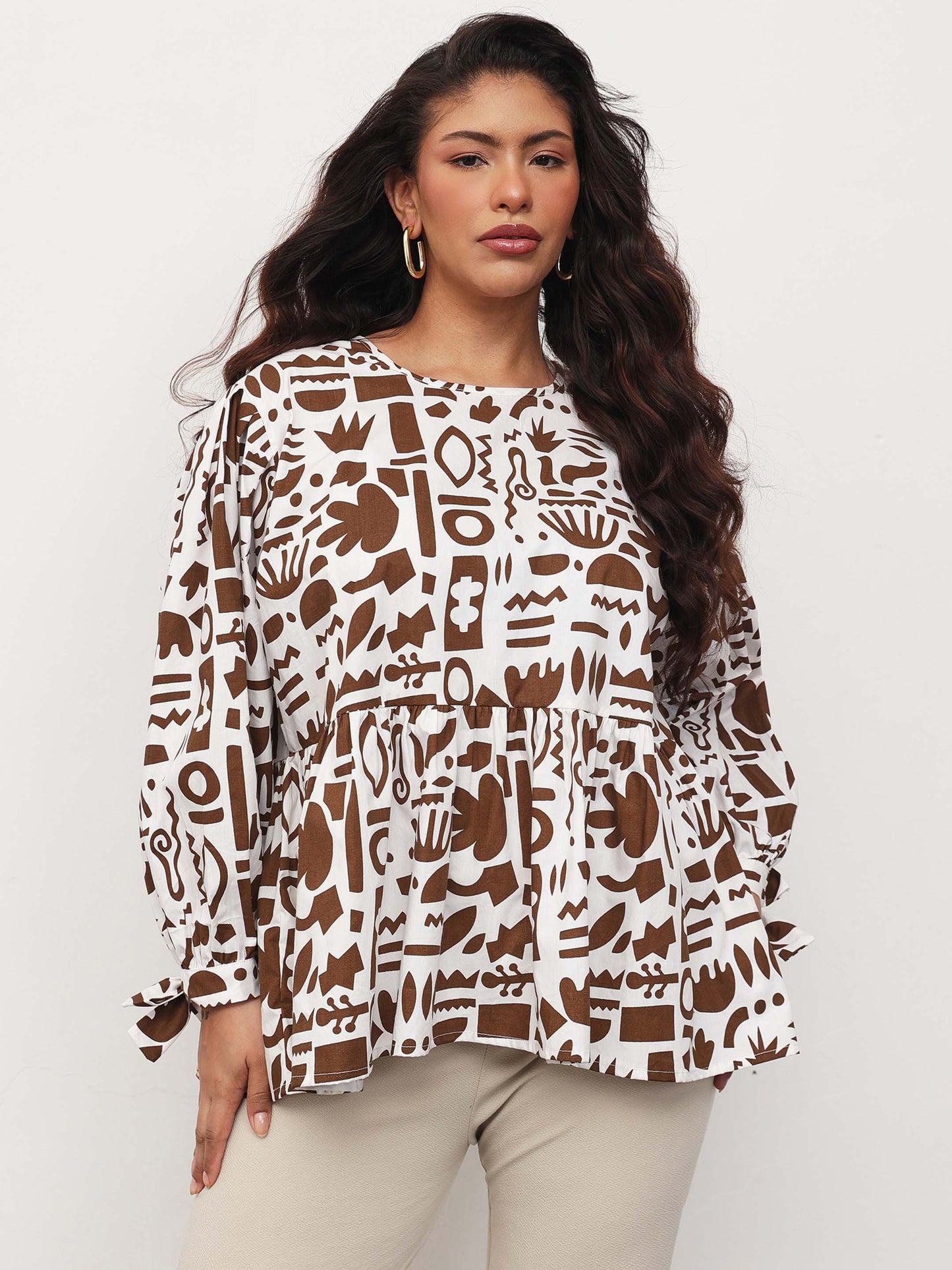Brown & White Quirky Print Tie-Knot Peplum Top