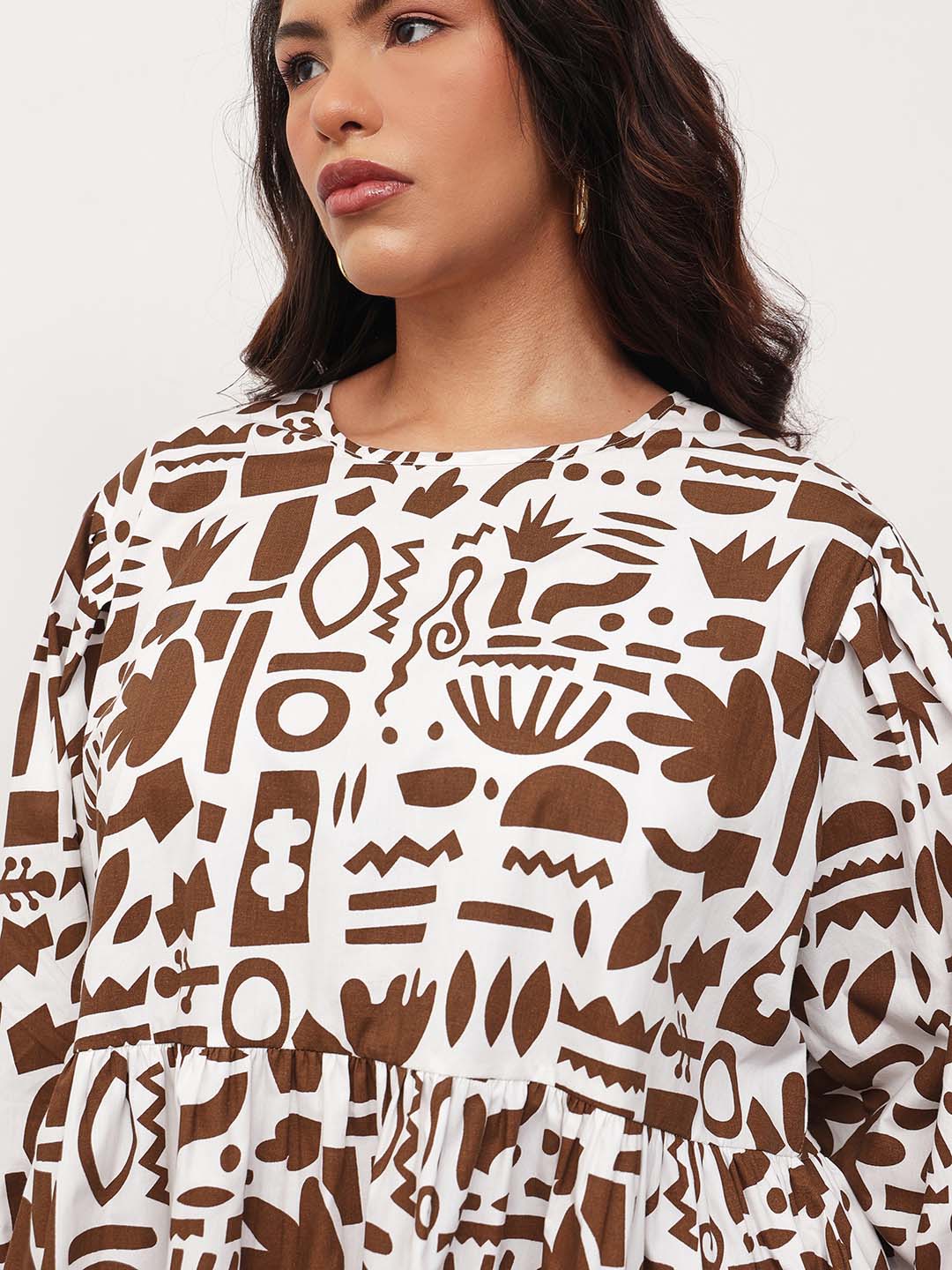 Brown & White Quirky Print Tie-Knot Peplum Top