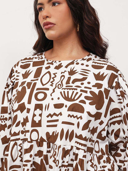 Brown & White Quirky Print Tie-Knot Peplum Top