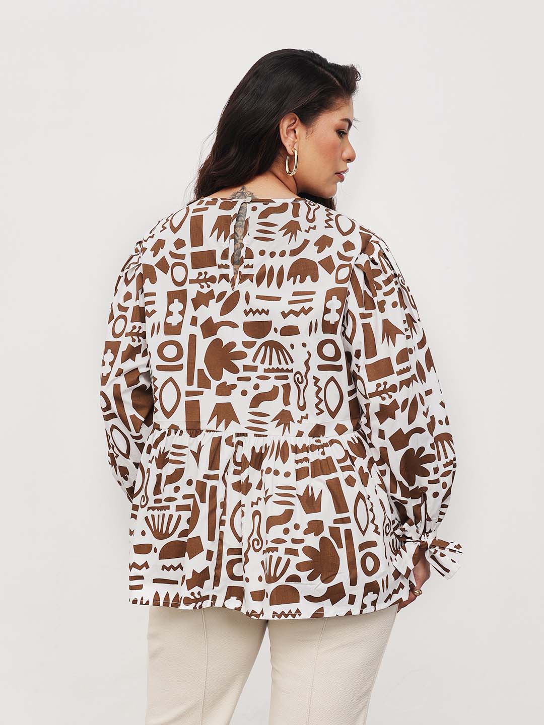 Brown & White Quirky Print Tie-Knot Peplum Top