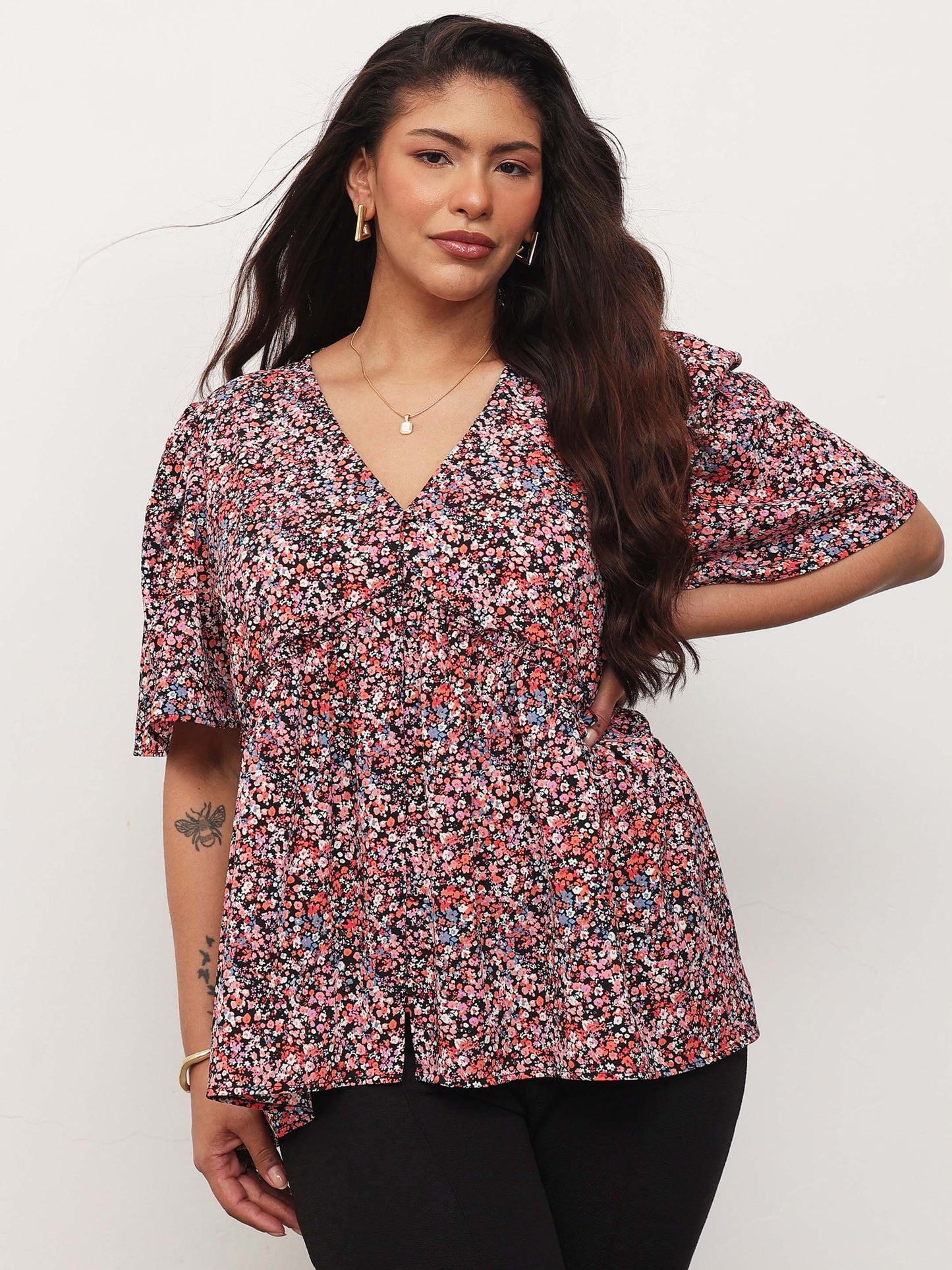 Black Multi Ditsy Floral V-Neck Peplum Top