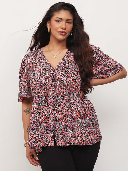 Black Multi Ditsy Floral V-Neck Peplum Top