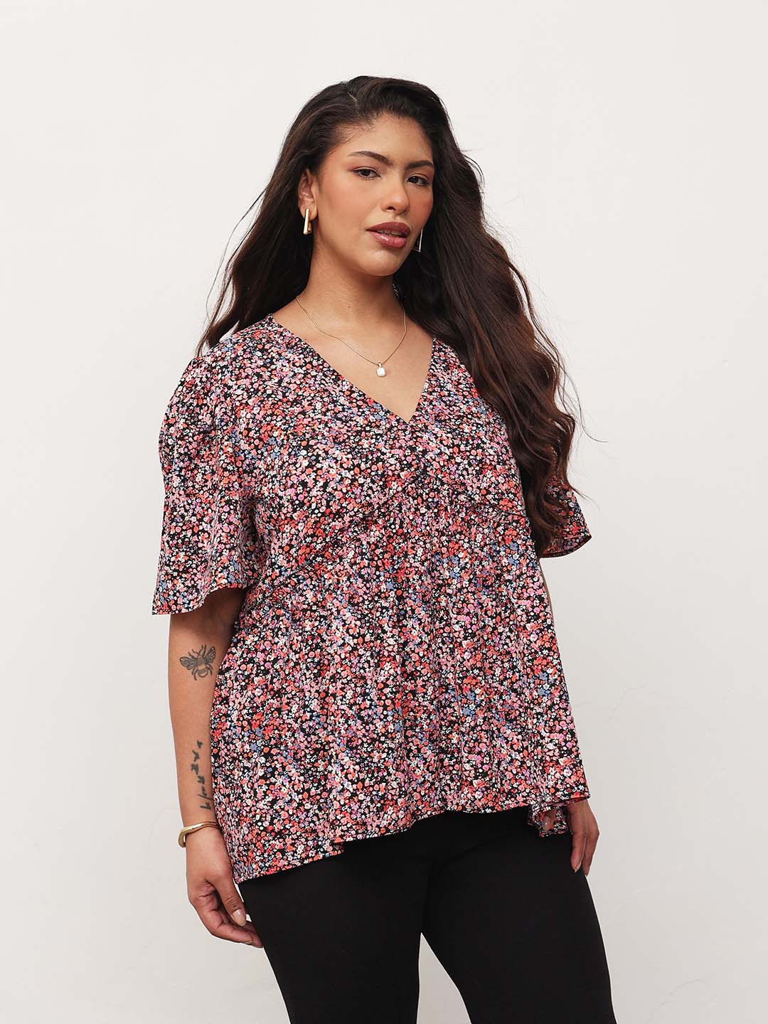 Black Multi Ditsy Floral V-Neck Peplum Top