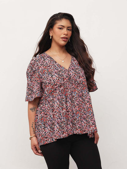 Black Multi Ditsy Floral V-Neck Peplum Top