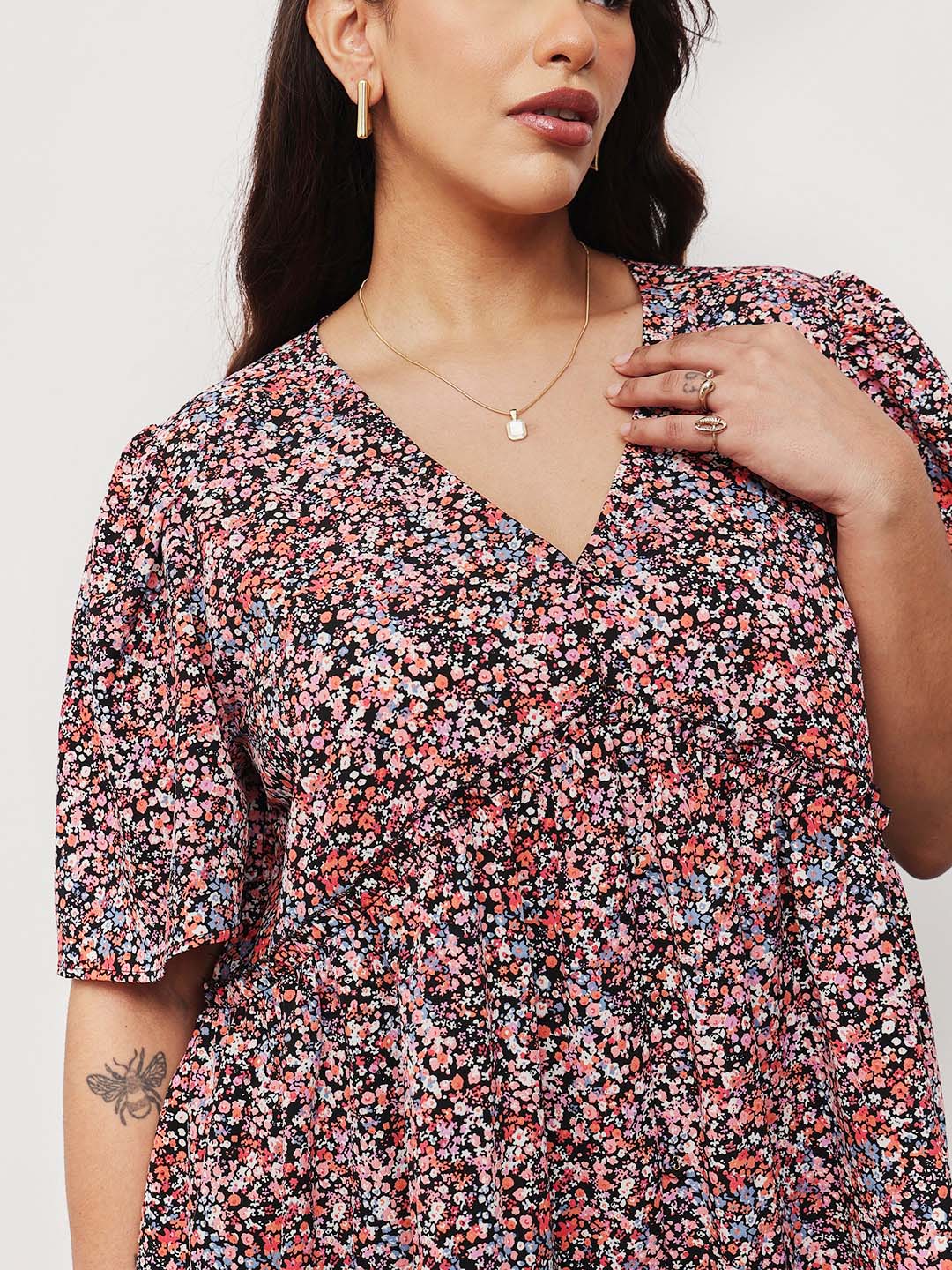 Black Multi Ditsy Floral V-Neck Peplum Top