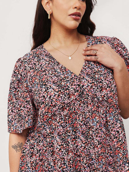 Black Multi Ditsy Floral V-Neck Peplum Top